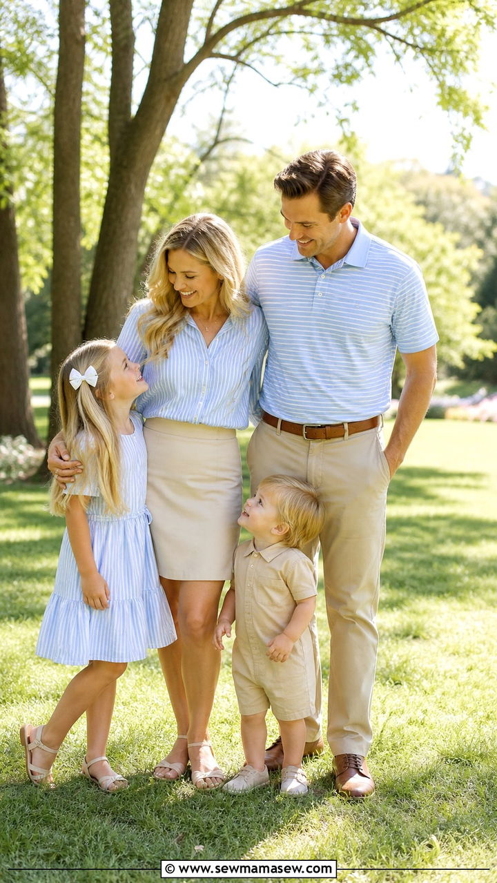Soft Blue Stripes and Khaki - 40 Spring family photo outfits