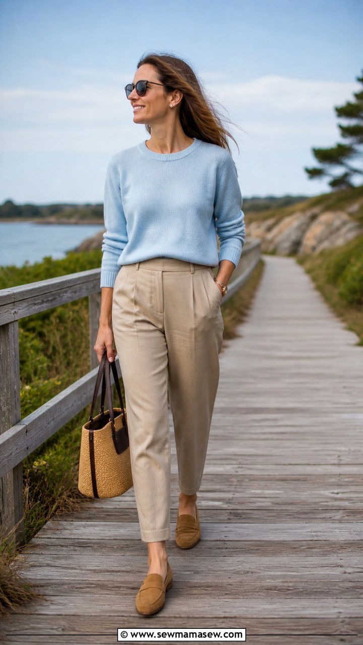 Soft Blue Sweater And Khaki Trousers - 40 summer coastal grandmother outfits