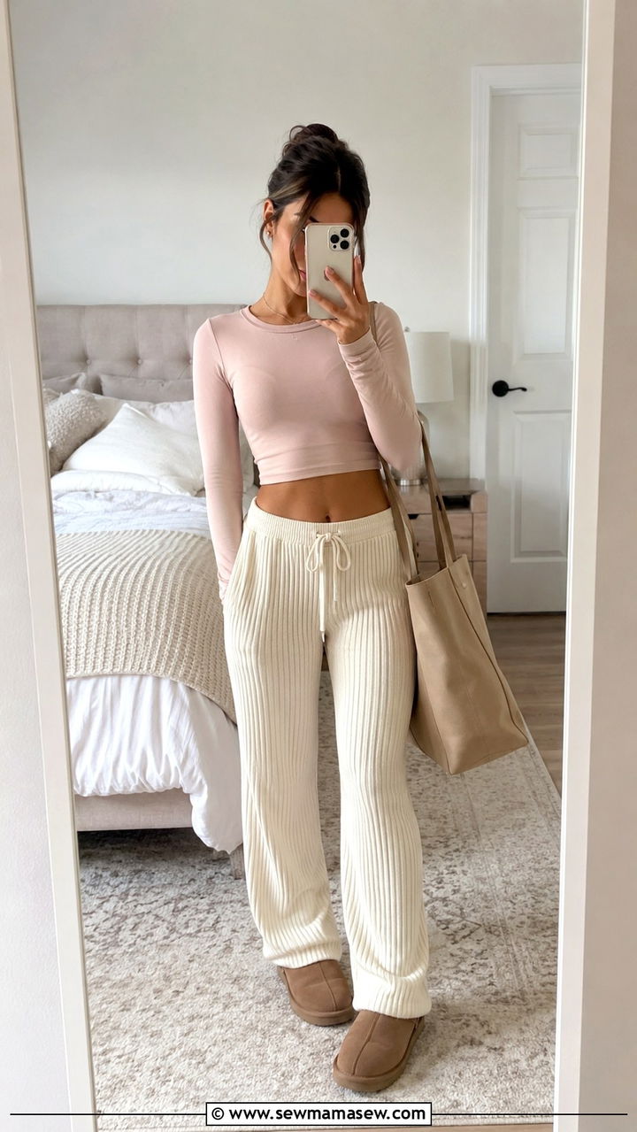 Soft Blush Long Sleeve Crop Top With Cream Ribbed Lounge Pants - 25 Petite clean girl outfit ideas