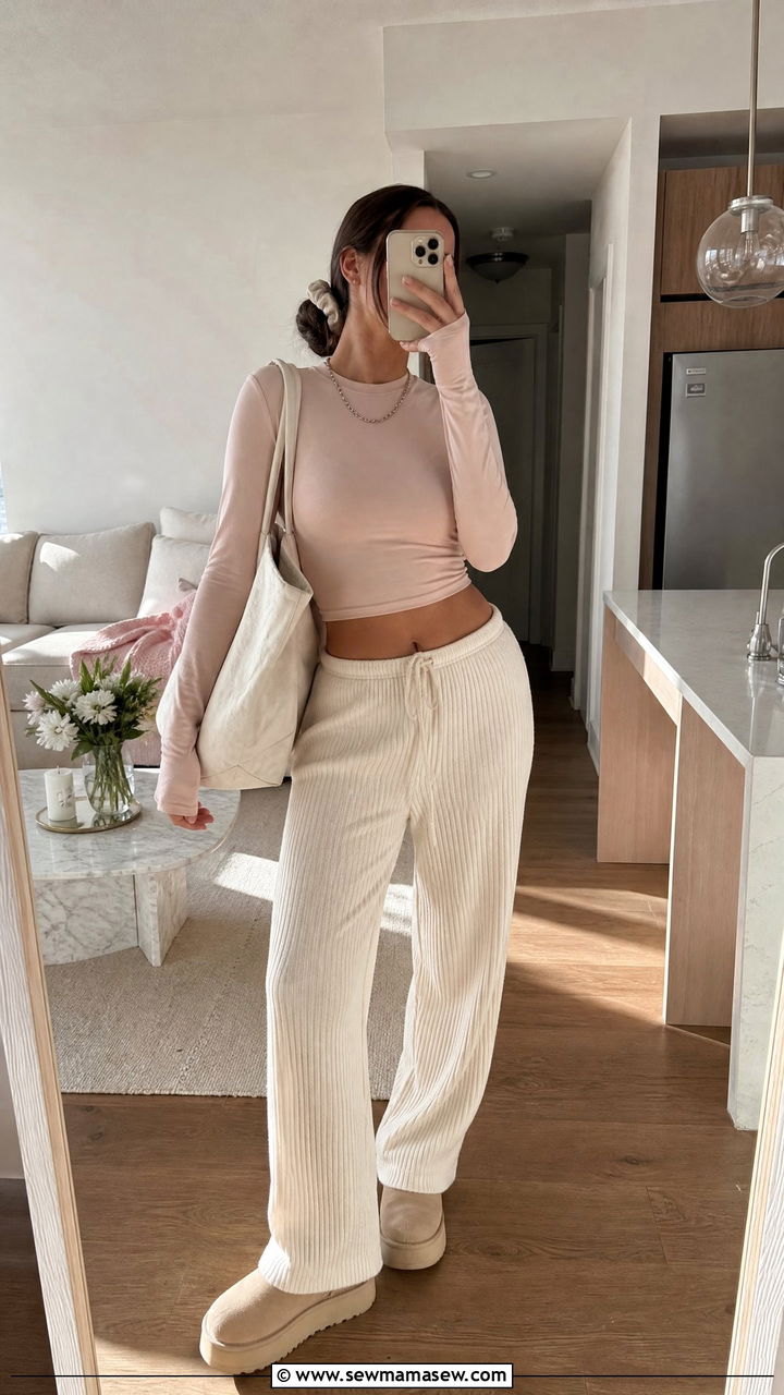 Soft Blush Long Sleeve with Cream Lounge Pants - 30 clean girl outfits aesthetic