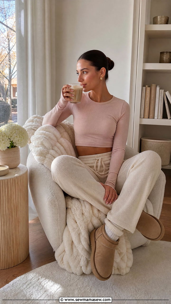 Soft Blush Long Sleeve with Cream Ribbed Lounge Pants - 30 Clean girl loungewear outfit ideas