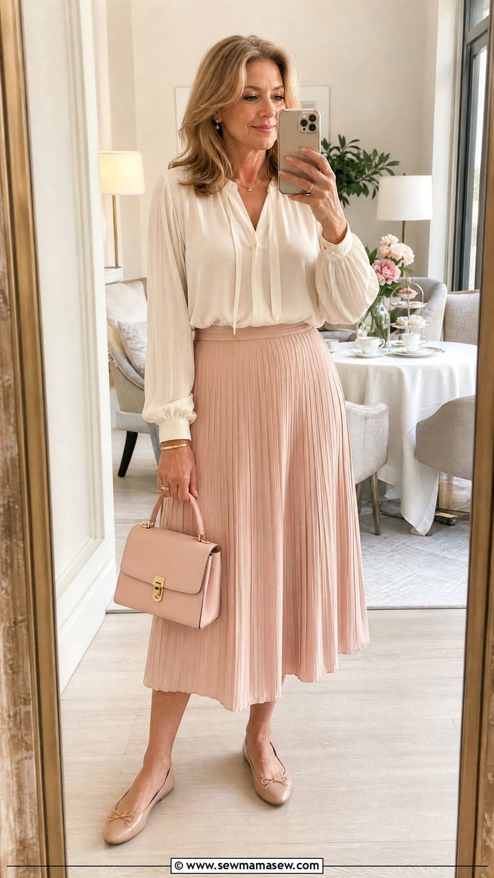 Soft Blush Pleated Midi Skirt And Blouse - 25 baby shower outfits for women over 40