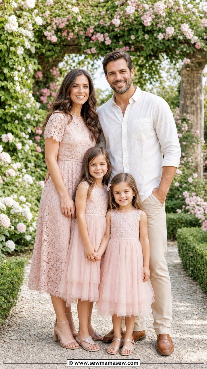 Soft Blush and Ivory Family Photo Outfits in a Lush Garden - 25 Family photo outfit ideas summer 2026