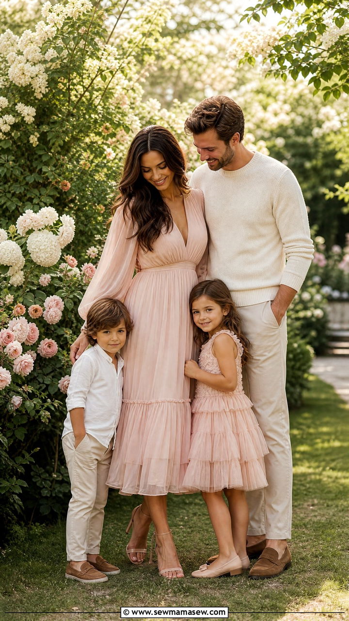 Soft Blush and Ivory Outfits for Garden Family Photos - 30 summer family photoshoot outfit ideas