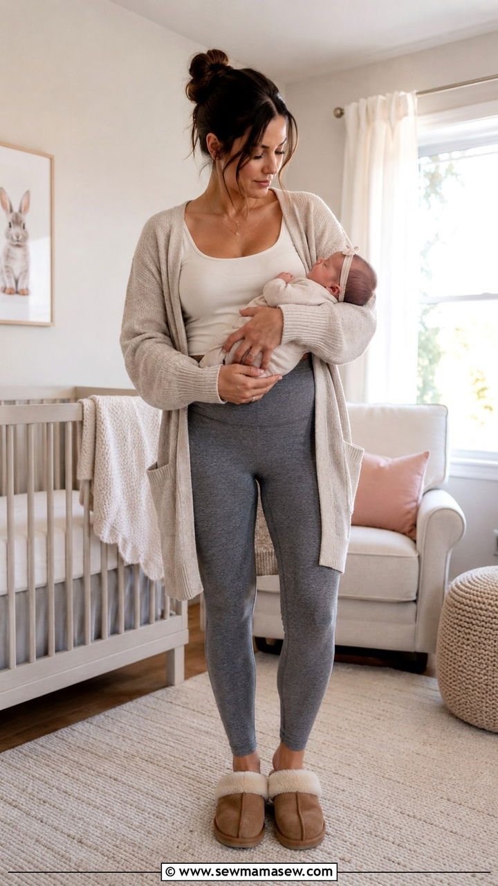 Soft Cardigan Layered Over a Nursing Tank and Leggings - 20 Postpartum outfit ideas for photos