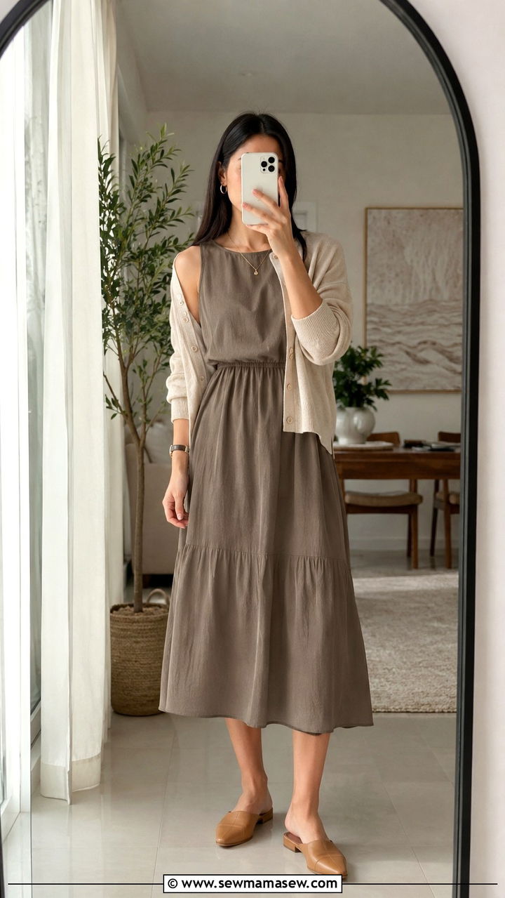 Soft Cardigan Over a Sleeveless Midi Dress - 25 Modest outfit ideas for humid weather