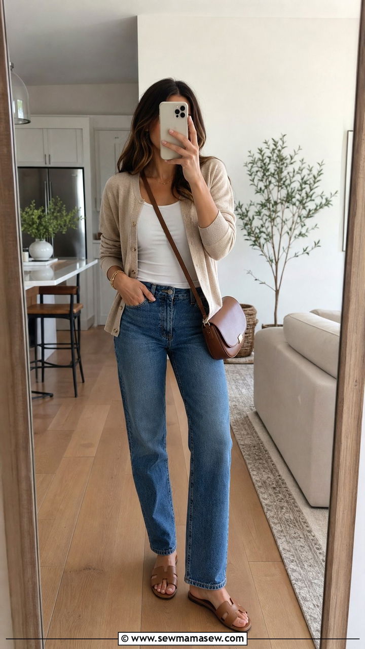 Soft Cardigan Tank Top and Straight Jeans Outfit - 25 Effortless spring outfit ideas 2026