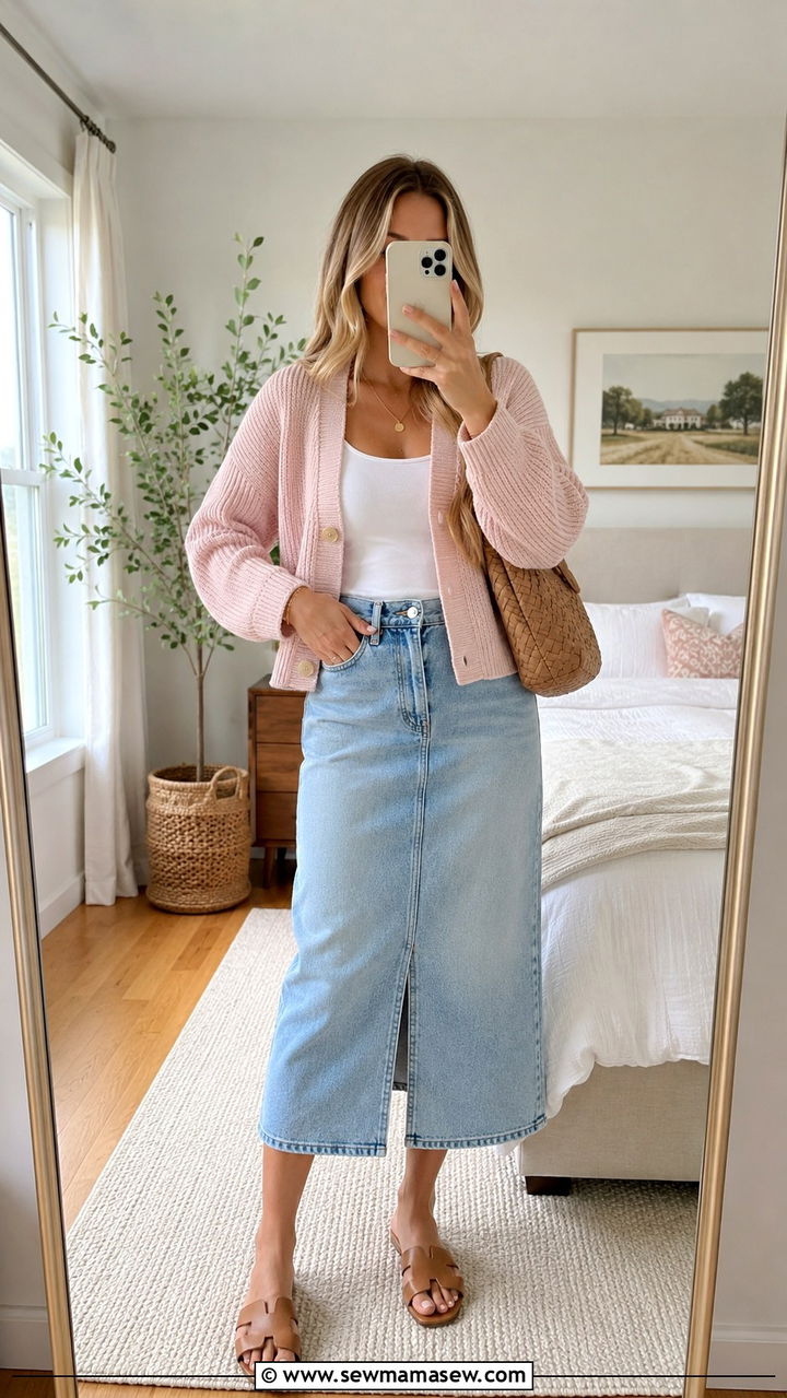 Soft Cardigan with Denim Midi Skirt Outfit - 20 Spring outfits for 55 degree weather