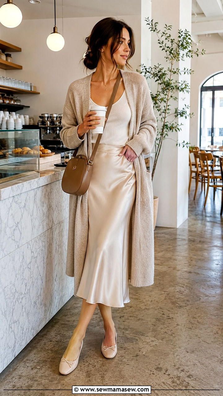 Soft Cardigan with Slip Skirt Outfit - 30 office outfits inspo