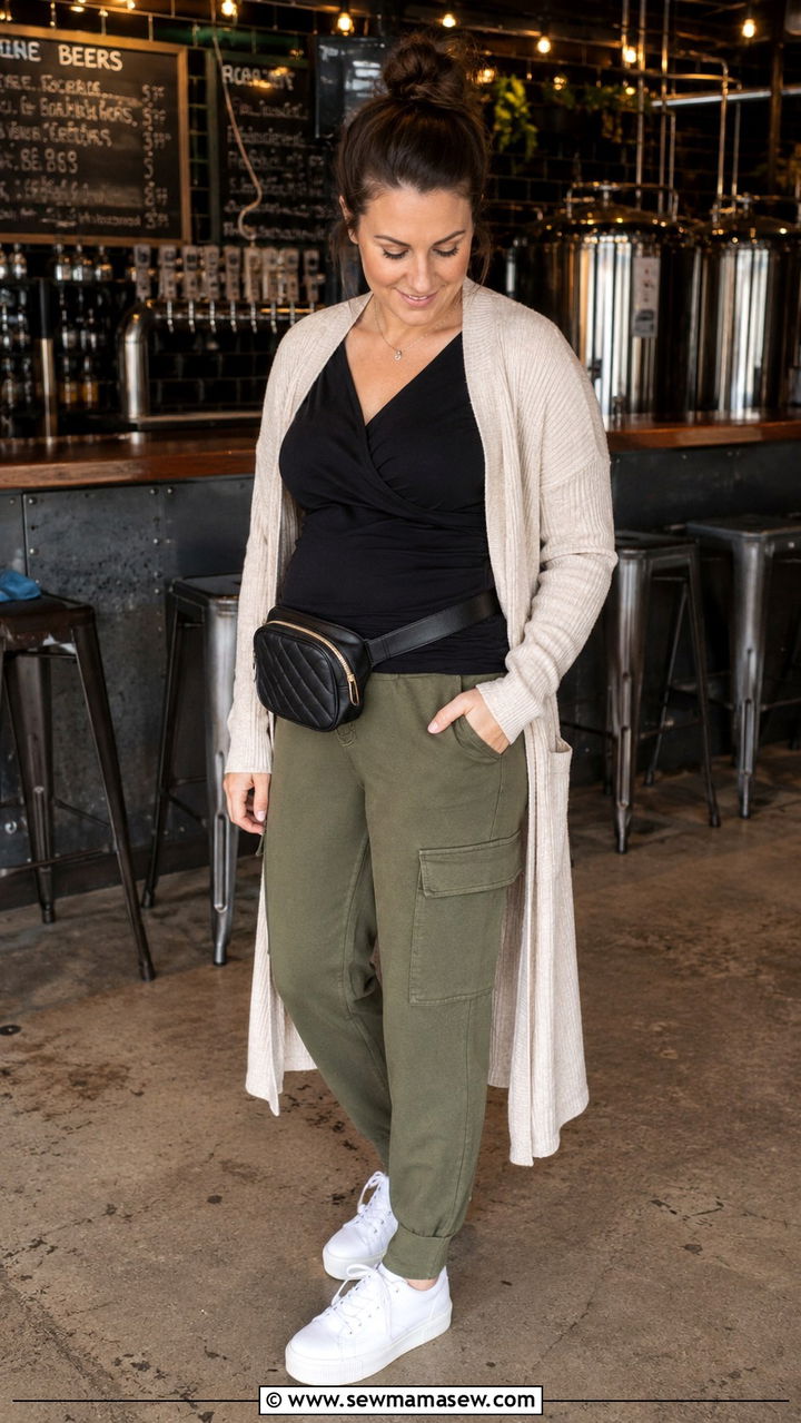 Soft Cargo Pants With Fitted Tee And Long Cardigan Postpartum Night Outfit - 25 Postpartum first night out outfit ideas