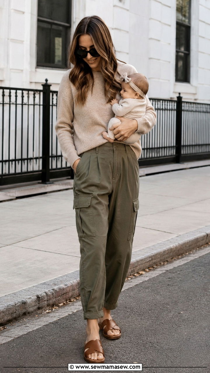 Soft Cargo Pants with Cashmere Knit and Leather Slides - 25 Postpartum outfit ideas 2026