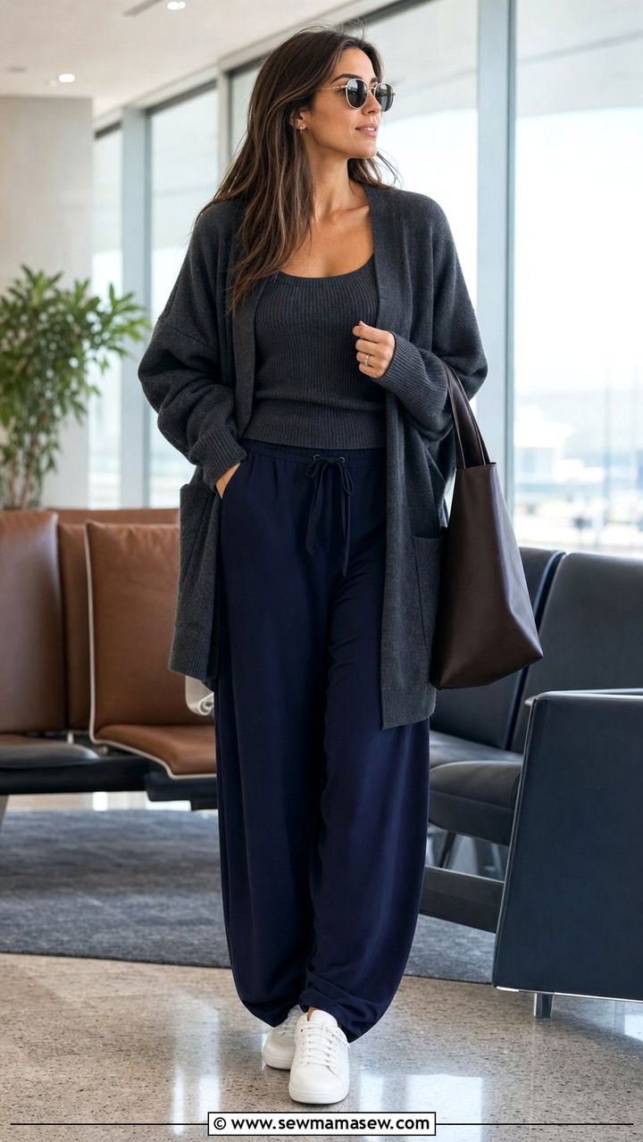 Soft Cashmere Cardigan With Jersey Balloon Pants Travel Outfit - 35 balloon pants outfits ideas