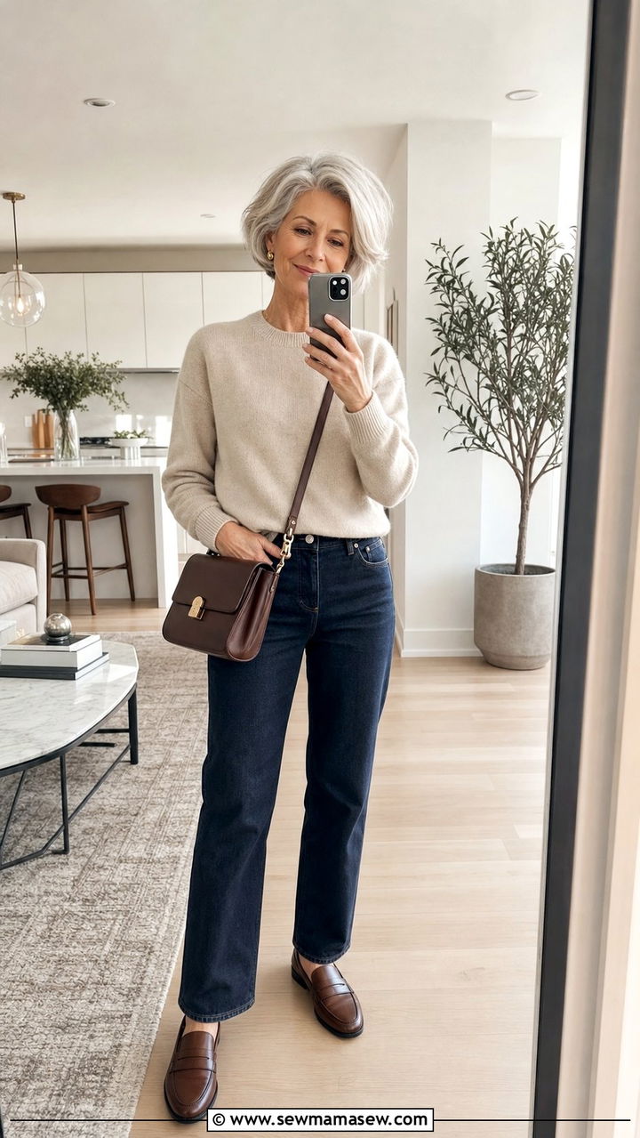 Soft Cashmere Sweater With Dark Wash Jeans and Loafers - 35 Business casual outfits for women over 60
