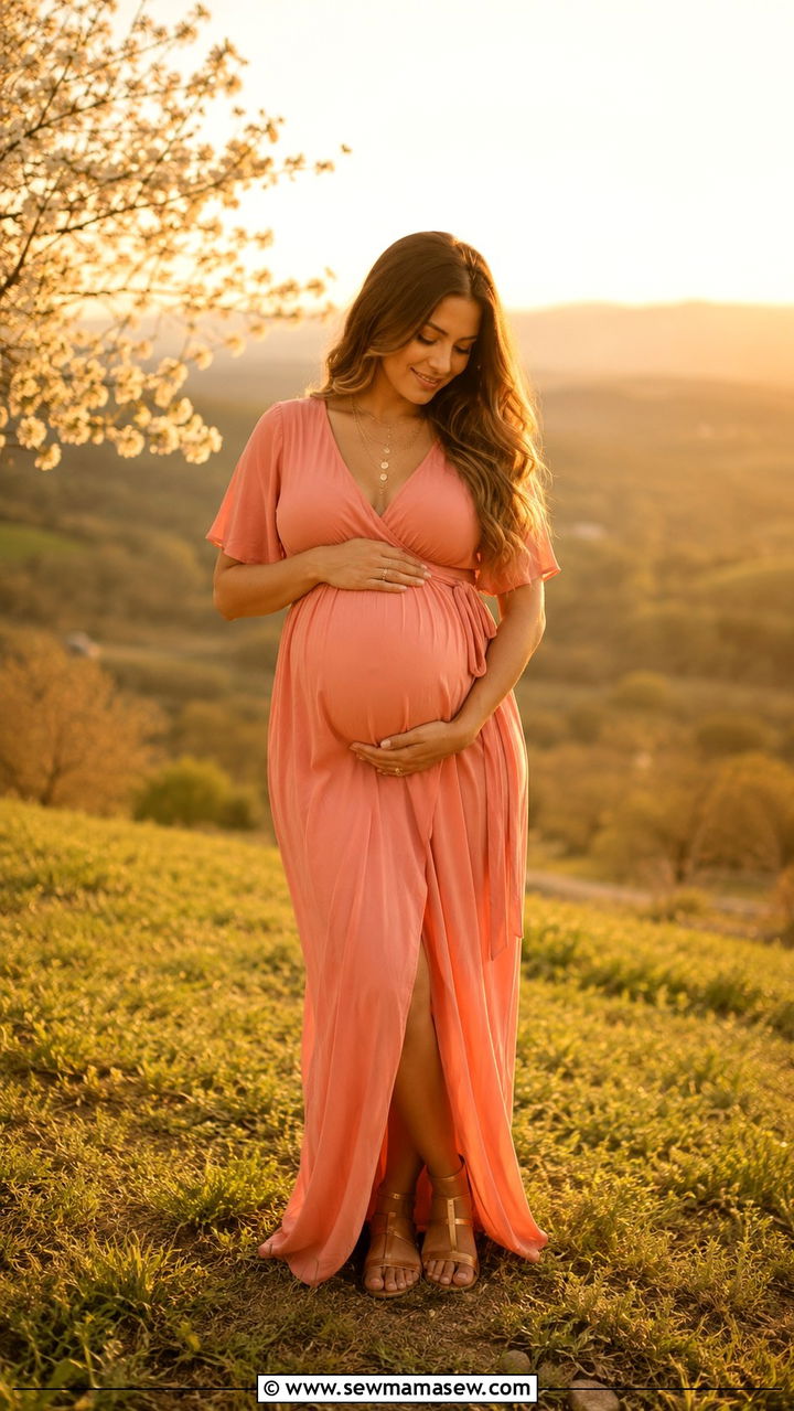 Soft Coral Maxi Dress With Gold Jewelry - 30 Spring maternity photo outfits