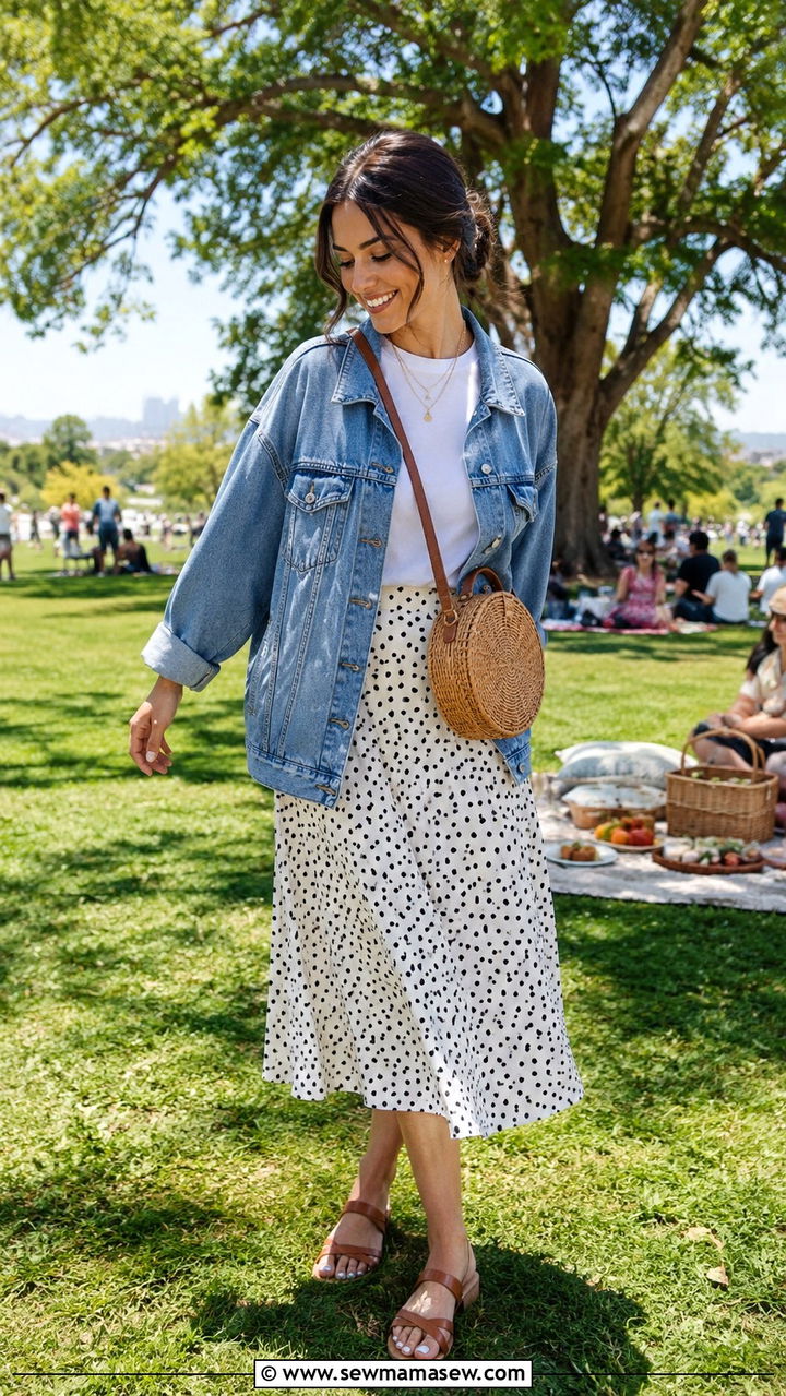Soft Denim Jacket Layered over a Dotted Midi Skirt - 25 Modest outfit ideas spring 2026