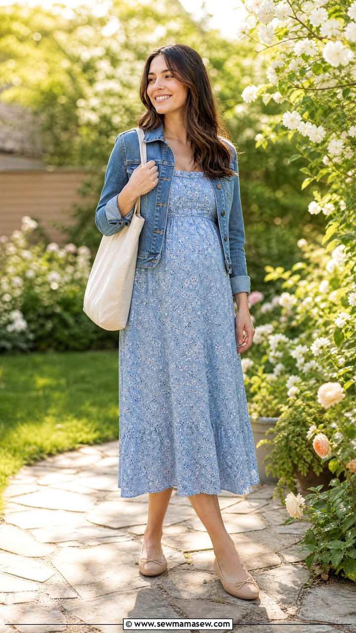 Soft Floral Midi Dress For First Trimester - 25 First trimester outfit ideas