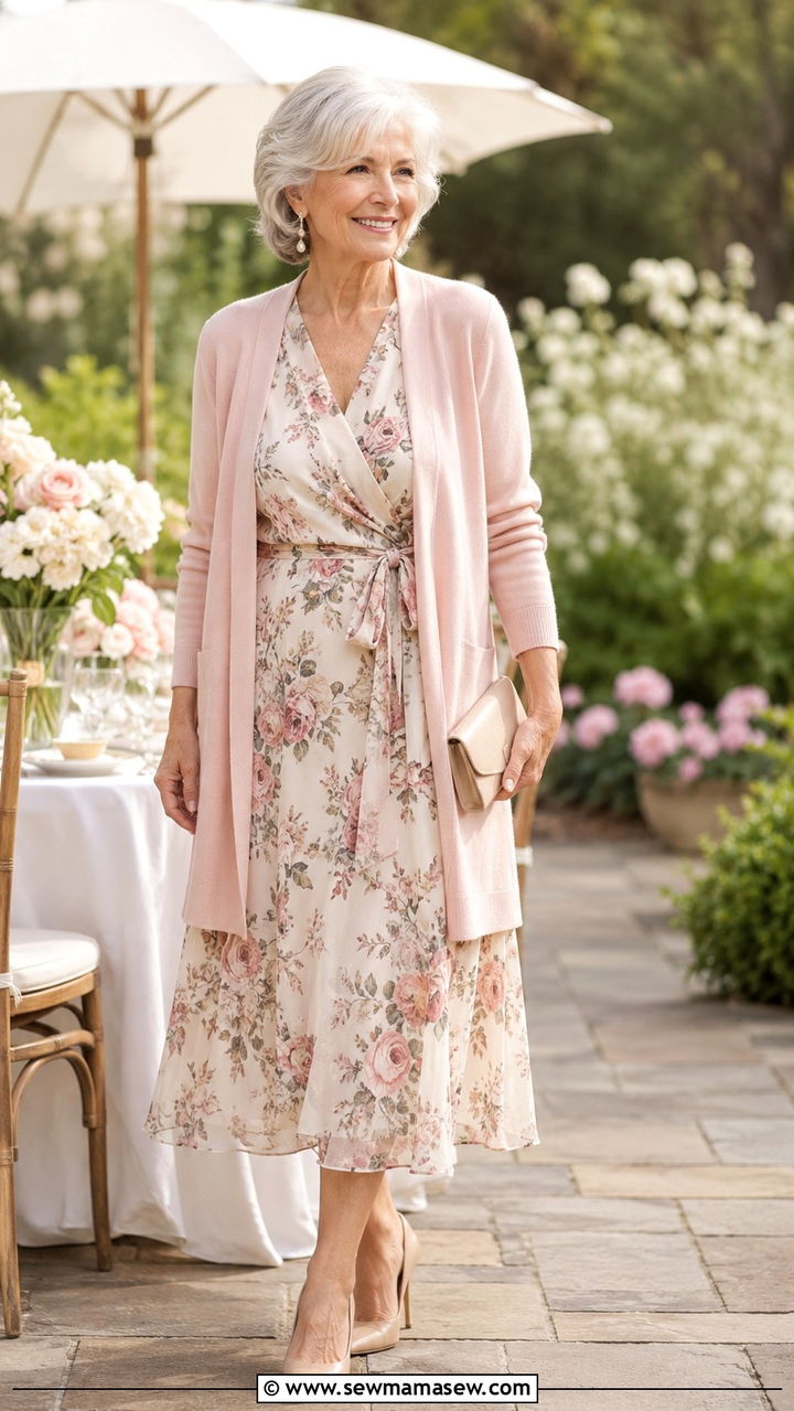 Soft Floral Wrap Dress with Pastel Cardigan - 25 Modest outfit ideas for women over 60