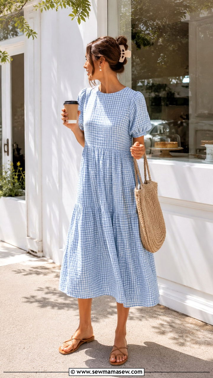 Soft Gingham Midi Dress With Straw Bag - 25 Modest outfit ideas summer 2026