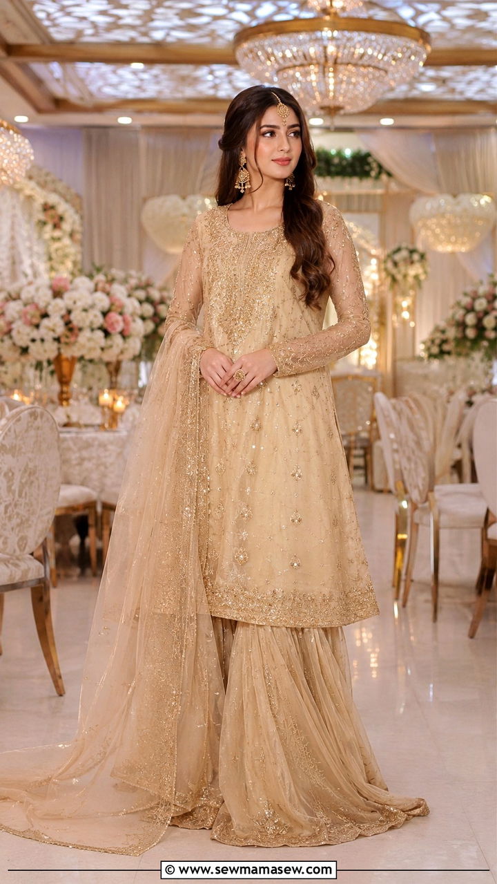 Soft Gold Sharara Set With Long Kurta - 25 Modest outfit ideas for Walima