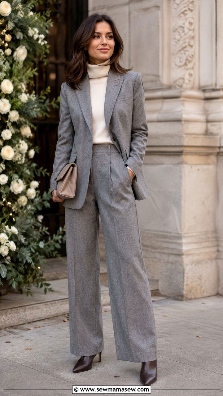 Soft Gray Flannel Pantsuit For Winter Weddings - 25 Wedding guest pantsuit outfit ideas