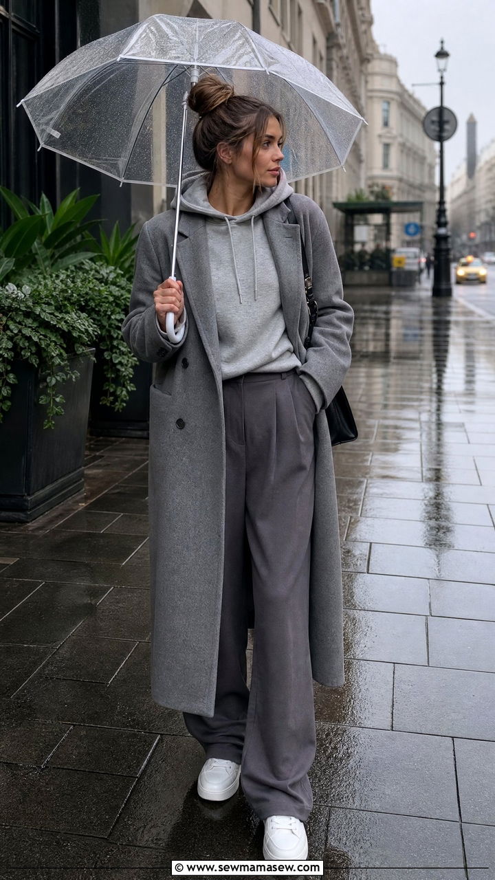 Soft Gray Layered Look with Hoodie and Tailored Coat - 30 classy rainy day outfits