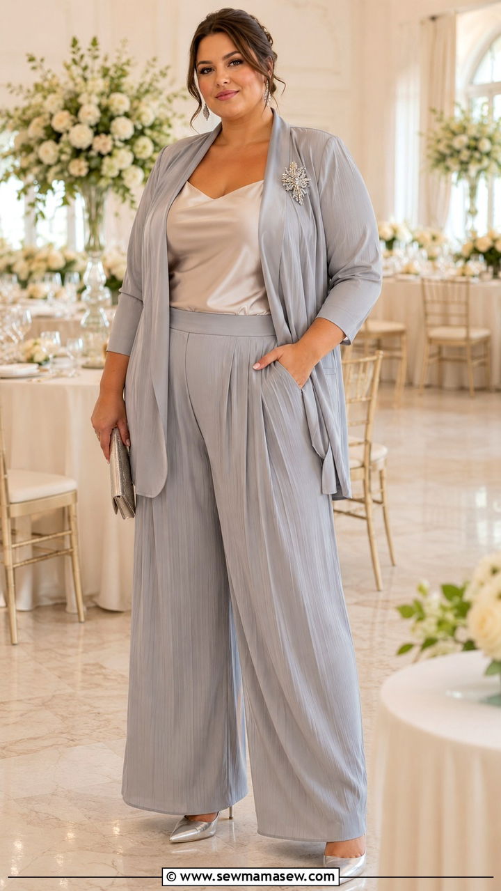Soft Gray Pleated Wide Leg Trouser Set With A Satin Camisole And Crystal Brooch - 25 Wedding guest outfit ideas size 22