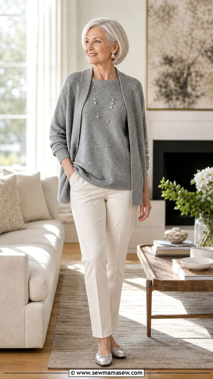 Soft Gray Sweater Knit Set With Ivory Trousers and Metallic Flats - 35 Business casual outfits for women over 60