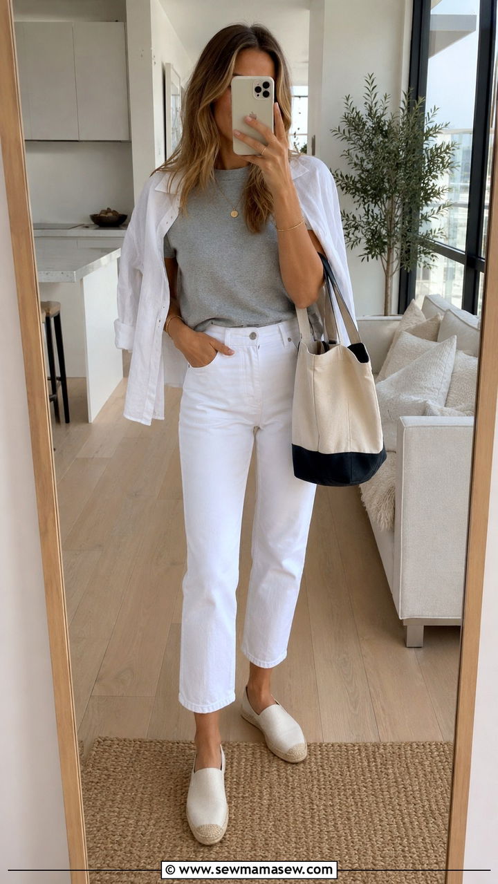 Soft Gray Tee And Cropped White Denim - 20 Coastal grandmother outfit ideas 2026
