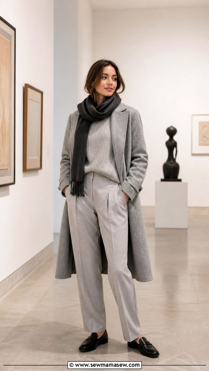 Soft Gray Wool Coat With Light Gray Sweater And Trousers - 40 light academia outfits for women