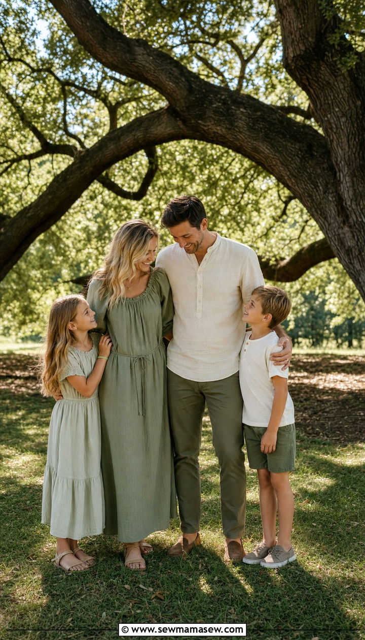 Soft Green and Cream Family Photo Outfits Under Old Oak Trees - 25 Family photo outfit ideas summer 2026