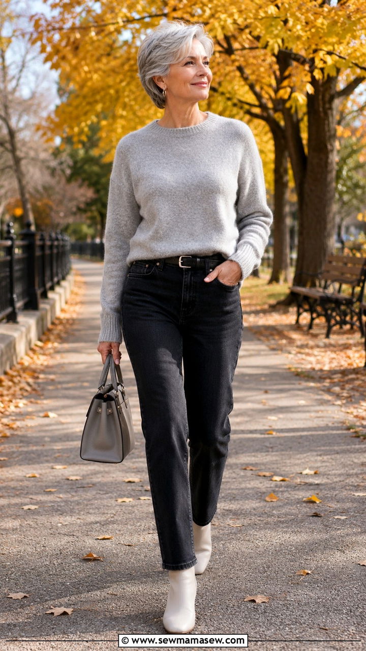 Soft Grey Cashmere Sweater with Dark Straight Leg Jeans - 30 Minimalist outfits for women over 60