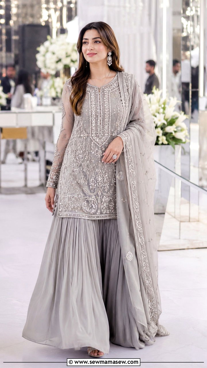 Soft Grey Maxi Skirt With Embellished Kurta - 25 Modest outfit ideas for Walima