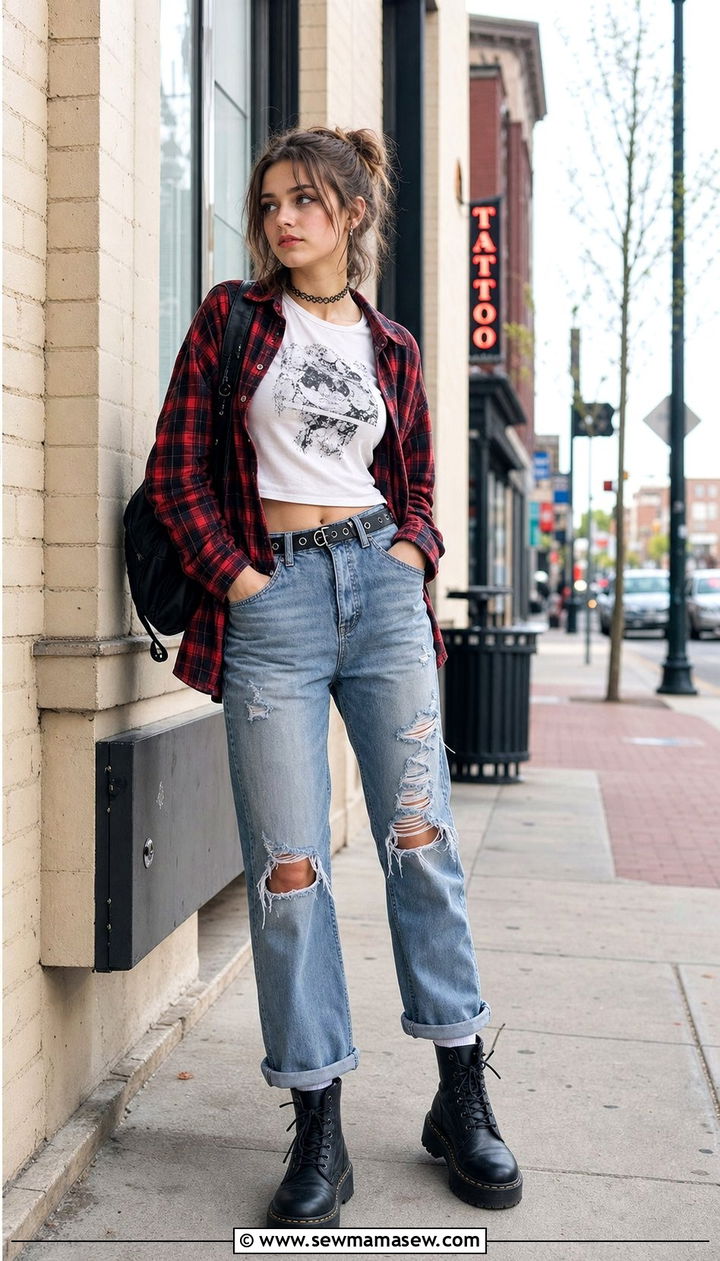 Soft Grunge Plaid Shirt with Distressed Jeans Outfit - 25 Cute spring outfits for teens