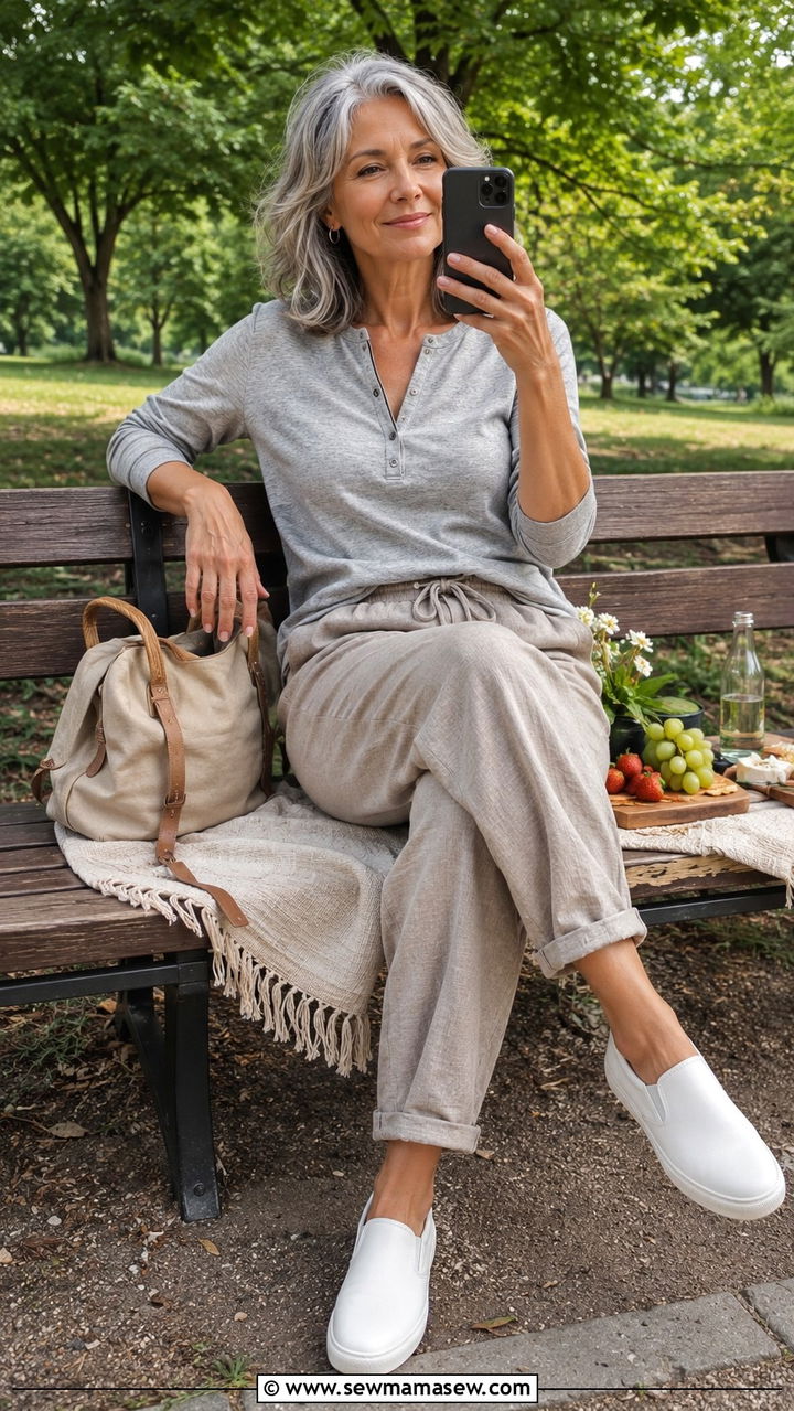 Soft Henley Top With Relaxed Linen Blend Pants - 30 Picnic outfits for women over 50