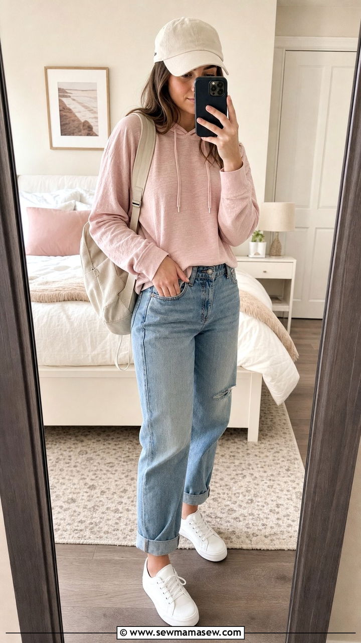 Soft Hoodie and Girlfriend Jeans Outfit - 25 Spring outfits for women in their 20s