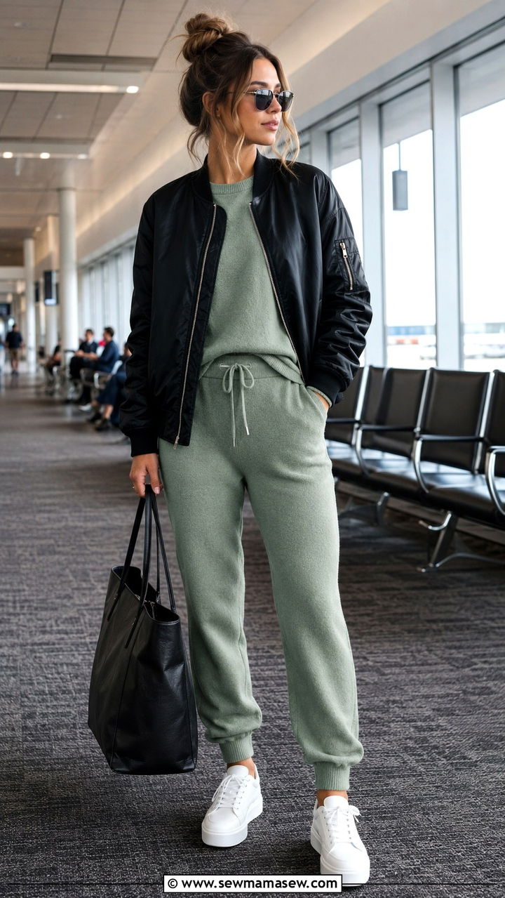 Soft Jogger Set With a Bomber Jacket Travel Look - 25 Airport outfit ideas for short flight