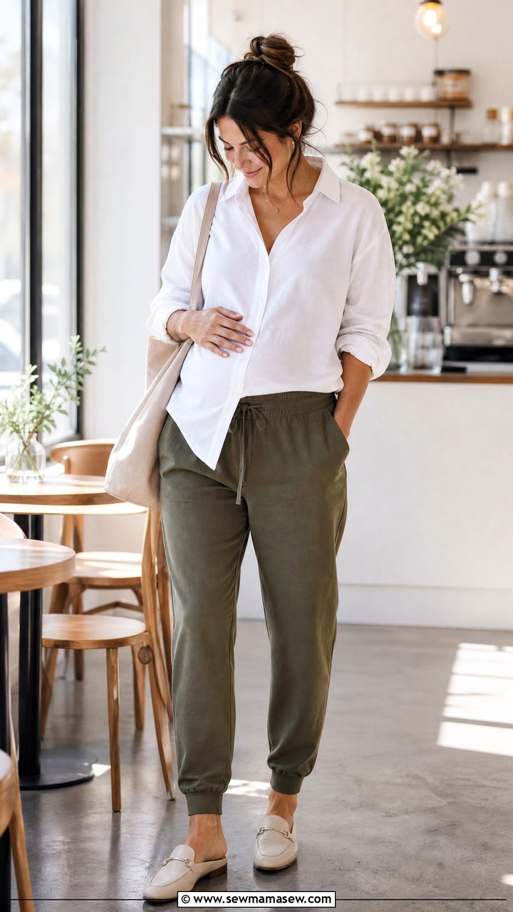 Soft Joggers With Relaxed Button Down Early Pregnancy - 25 First trimester outfit ideas