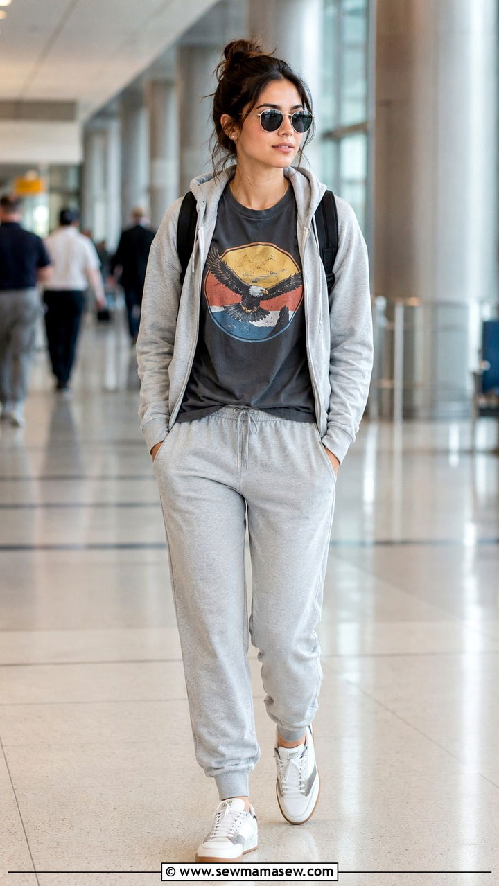 Soft Joggers with Graphic Tee and Hoodie - 25 Airport outfit ideas for international flight summer