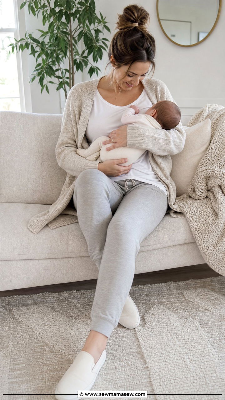 Soft Joggers with a Relaxed Nursing Tee and Lightweight Open Cardigan - 20 Postpartum outfit ideas still looks pregnant