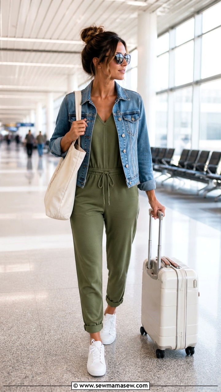 Soft Jumpsuit And Denim Jacket With White Sneakers - 40 casual travel outfits