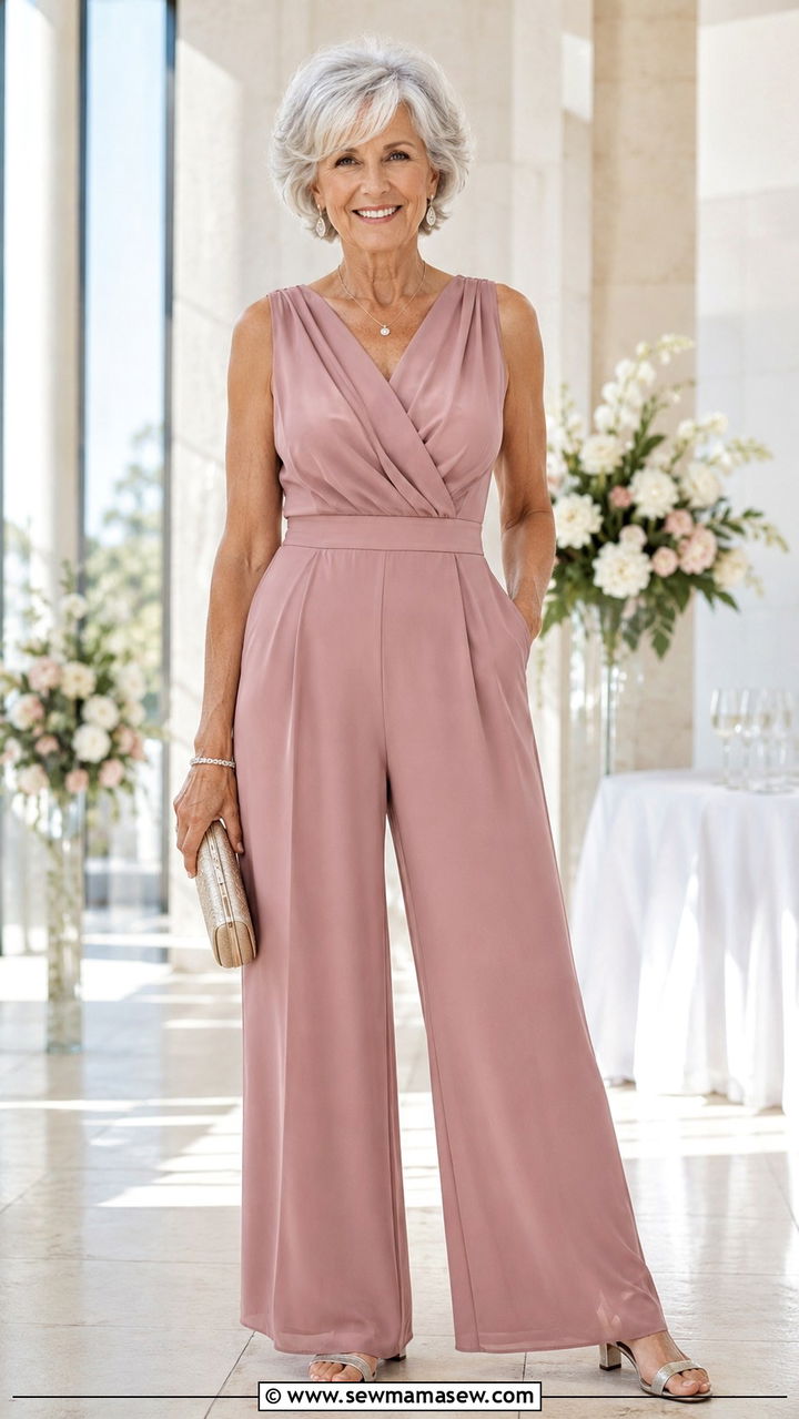 Soft Jumpsuit With Draped Bodice And Metallic Sandals - 20 Wedding guest outfit ideas for 70 year old