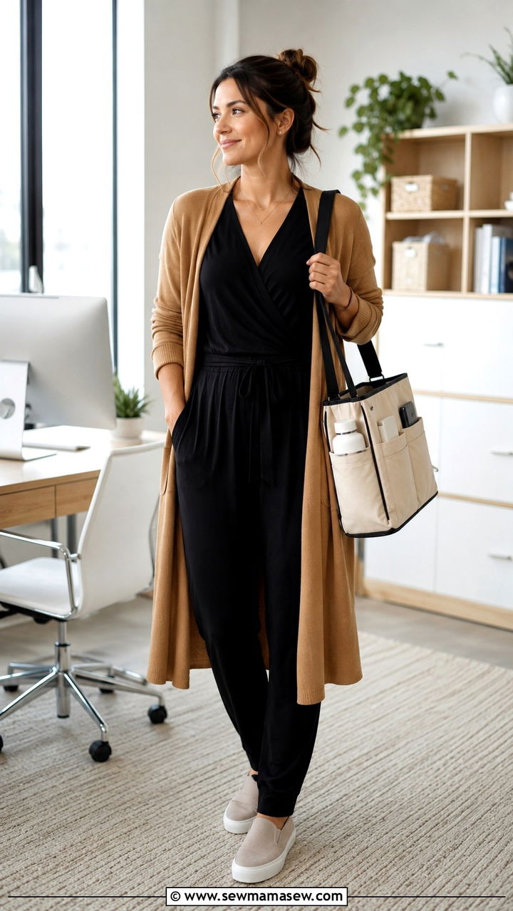 Soft Jumpsuit and Long Cardigan Outfit - 25 work outfits for new moms