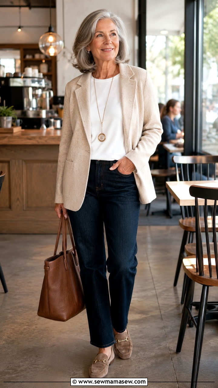 Soft Knit Blazer With Dark Wash Jeans Outfit - 25 Midsize outfits for women over 60