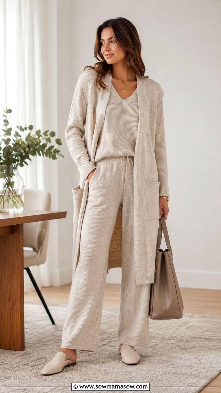Soft Knit CoOrd Set With Longline Vest And Flat Mules Outfit - 25 work outfits for modest women