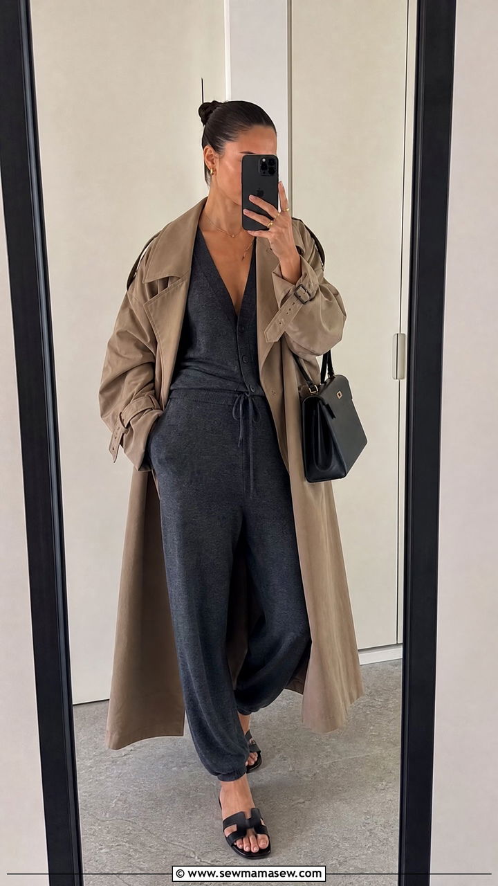 Soft Knit Onesie with Oversized Trench Coat - 20 Model off duty loungewear outfit ideas