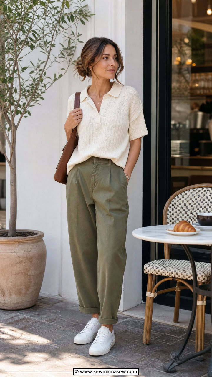 Soft Knit Polo With Relaxed Fit Chinos And Leather Sneakers - 35 Hygge outfit ideas