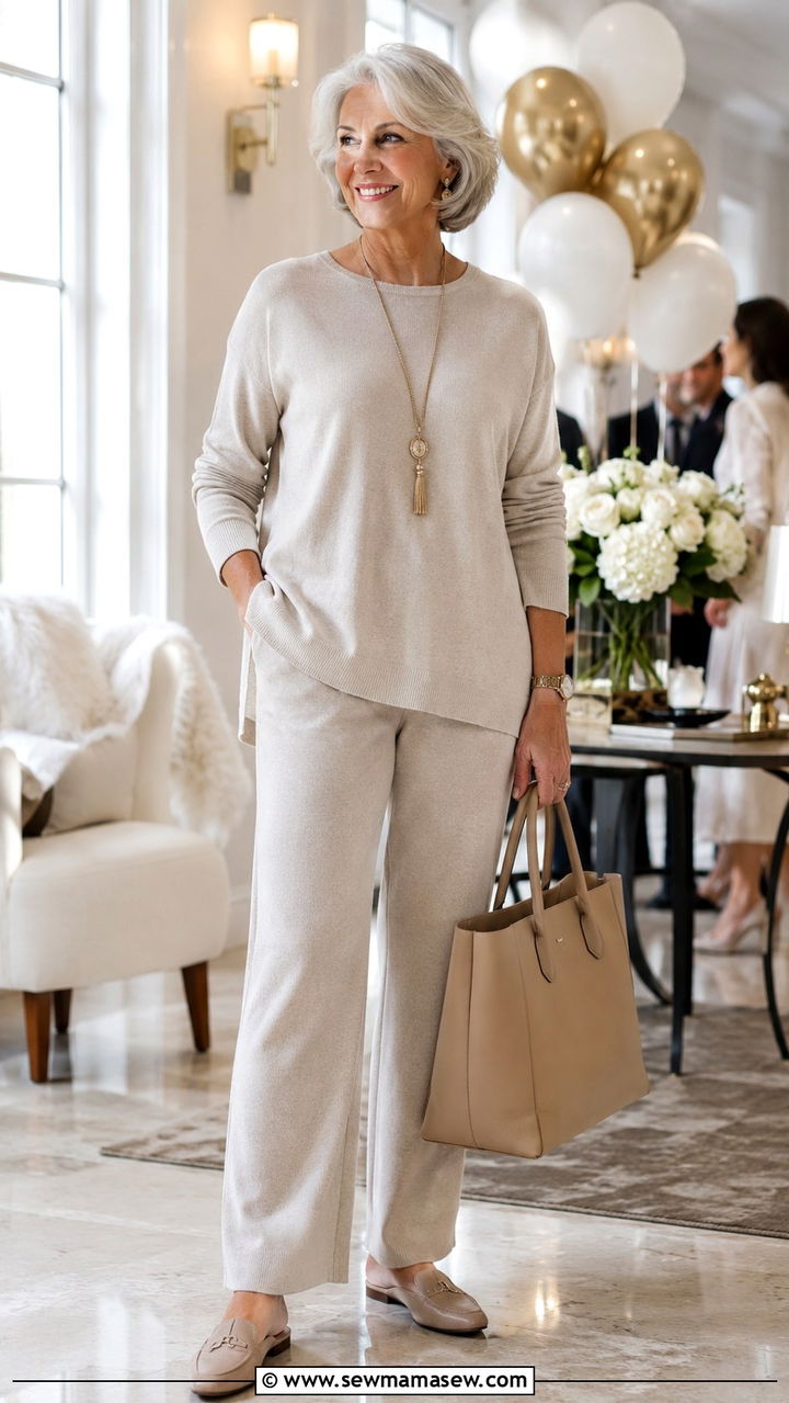 Soft Knit Set with Mules - 30 Graduation outfits for women over 60