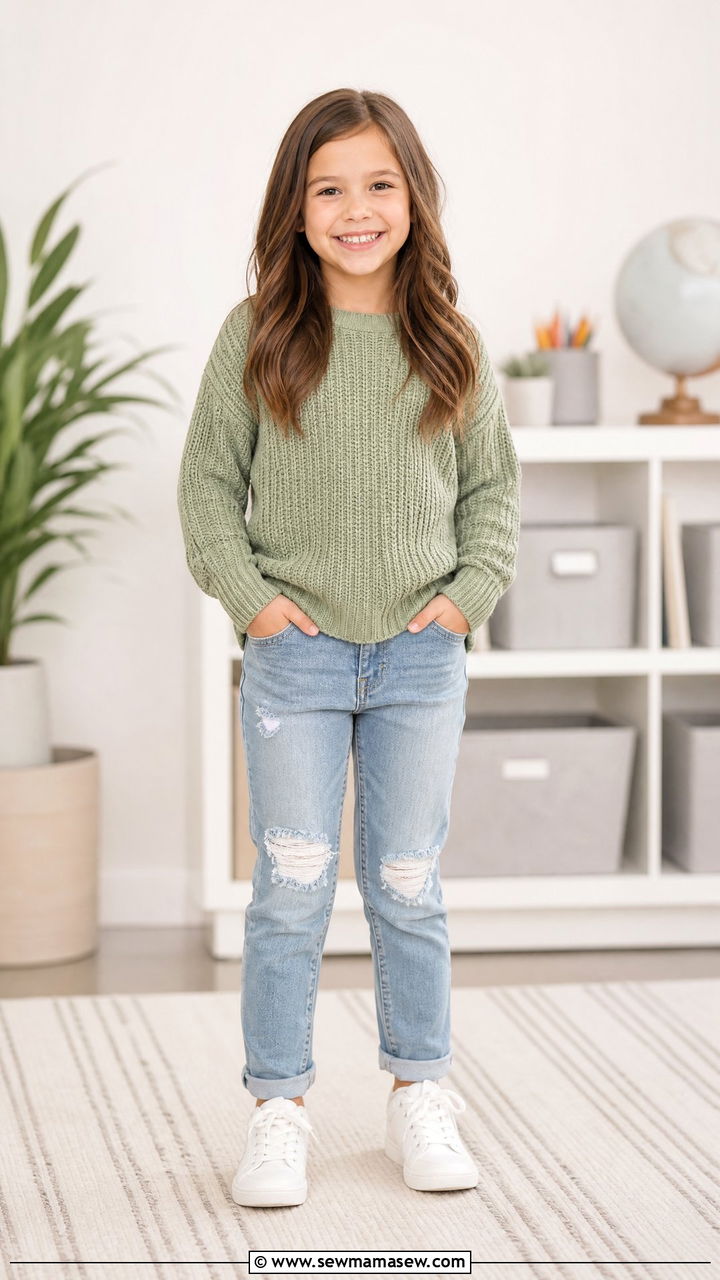 Soft Knit Sweater With Distressed Jeans - 30 Elementary school picture day outfit ideas
