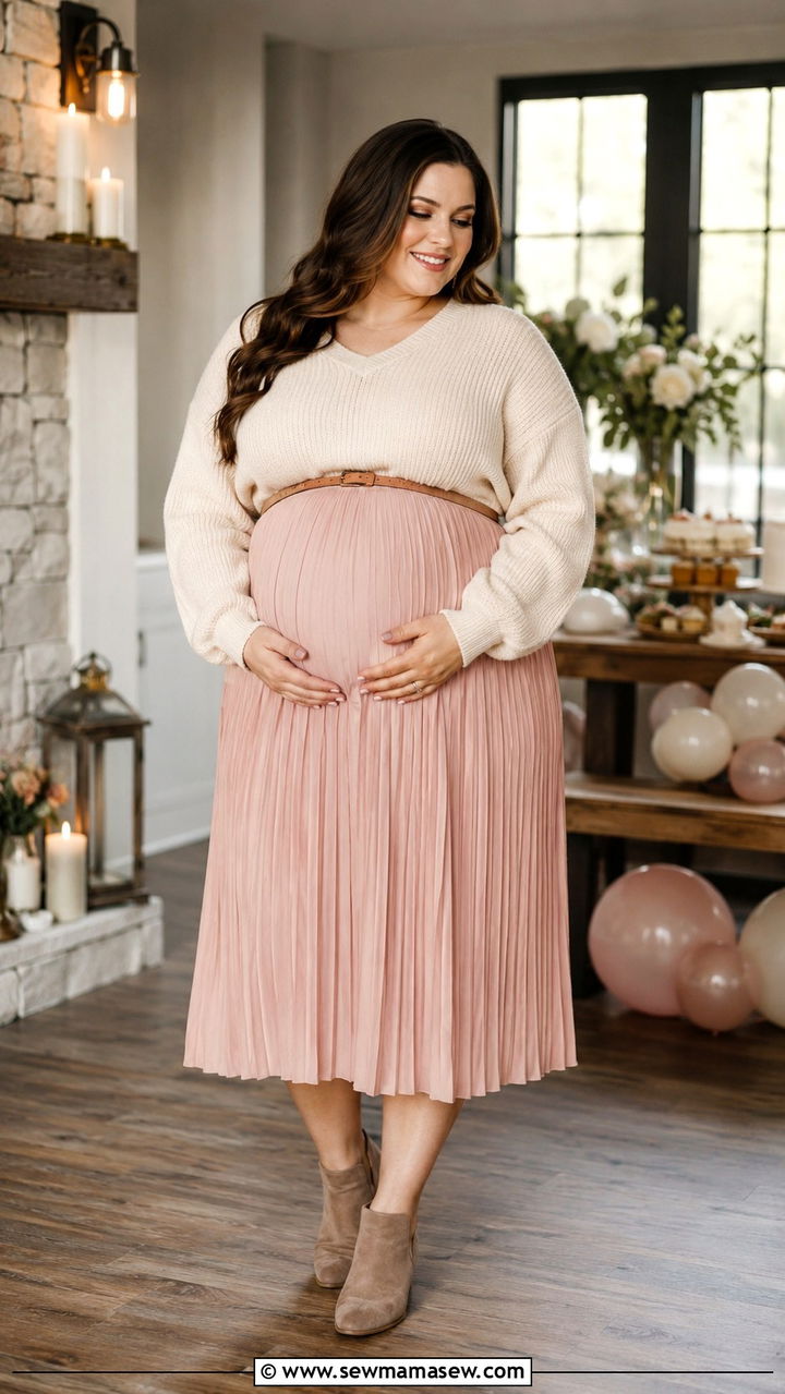 Soft Knit Sweater With Midi Skirt - 30 Plus size outfit ideas for baby shower