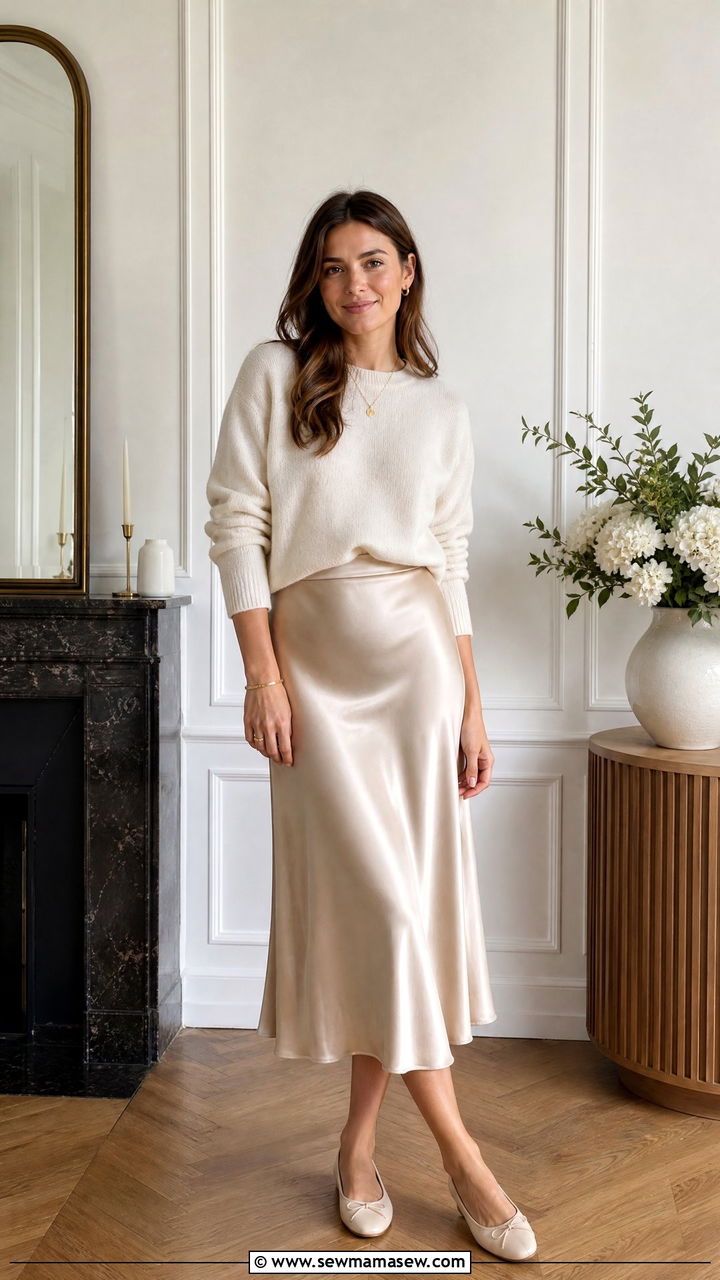 Soft Knit Sweater With Satin Bias Skirt - 25 casual outfits for pear shaped body